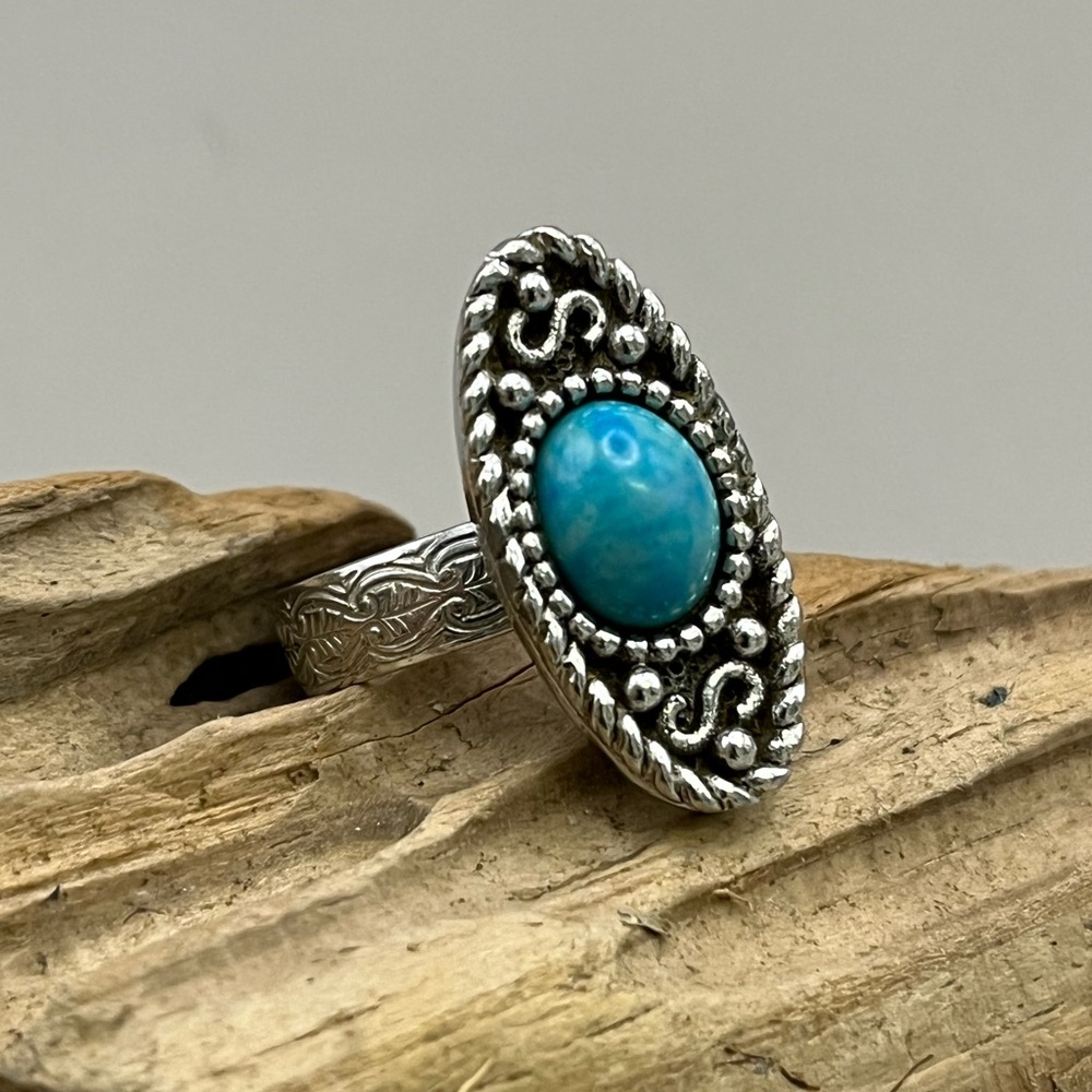 Silver and Blue Turquoise Scrollwork Ring